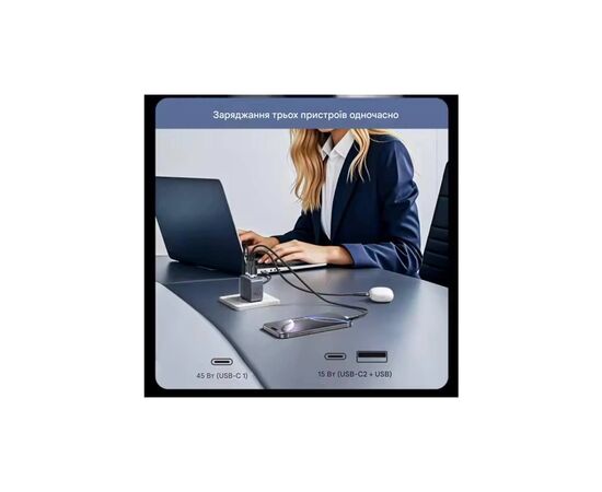 Зарядное устройство Vention 1xUSB-C PD70W + 1xUSB QC3.0 22.5W GaN + cable USB-C to USB-C 1.0m 5A gray (TZ-FCGH0-EU), изображение 3