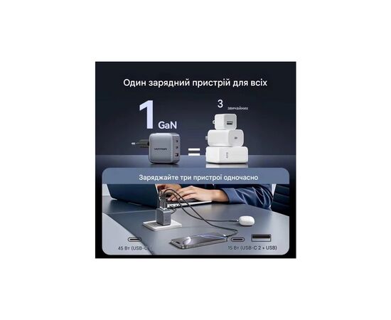 Зарядное устройство Vention 1xUSB-C PD70W + 1xUSB QC3.0 22.5W GaN + cable USB-C to USB-C 1.0m 5A gray (TZ-FCGH0-EU), изображение 6
