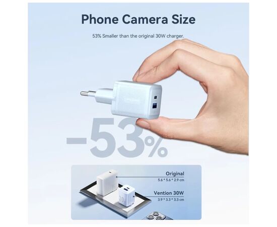 Зарядний пристрій Vention 1xUSB-C PD30W + 1xUSB QC3.0 30W GaN + cable USB-C to USB-C 1.0m black (TZ-FEQB0-EU-01), зображення 3