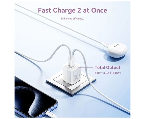 Зарядний пристрій Vention 1xUSB-C PD30W + 1xUSB QC3.0 30W GaN + cable USB-C to USB-C 1.0m black (TZ-FEQB0-EU-01), зображення 5