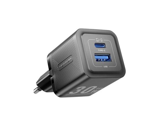 Зарядний пристрій Vention 1xUSB-C PD30W + 1xUSB QC3.0 30W GaN + cable USB-C to USB-C 1.0m black (TZ-FEQB0-EU-01)