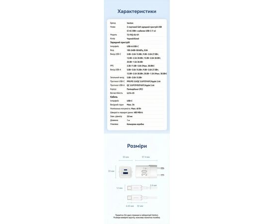 Зарядное устройство Vention 1xUSB-C PD30W + 1xUSB QC3.0 30W GaN + cable USB-C to USB-C 1.0m white (TZ-FEQW0-EU-01), изображение 10