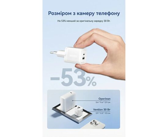 Зарядное устройство Vention 1xUSB-C PD30W + 1xUSB QC3.0 30W GaN + cable USB-C to USB-C 1.0m white (TZ-FEQW0-EU-01), изображение 5