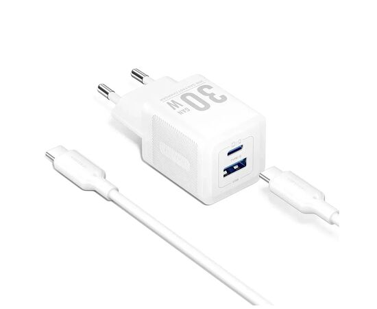 Зарядное устройство Vention 1xUSB-C PD30W + 1xUSB QC3.0 30W GaN + cable USB-C to USB-C 1.0m white (TZ-FEQW0-EU-01)