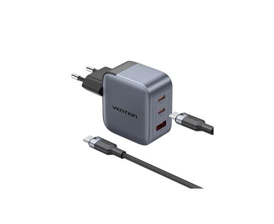 Зарядний пристрій Vention 2xUSB-C PD70W + 1xUSB QC3.0 22.5W GaN + cable USB-C to USB-C 1.0m black gray (TZ-FEXH0-EU), зображення 2