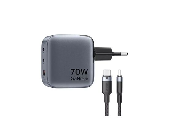 Зарядний пристрій Vention 2xUSB-C PD70W + 1xUSB QC3.0 22.5W GaN + cable USB-C to USB-C 1.0m black gray (TZ-FEXH0-EU), зображення 3