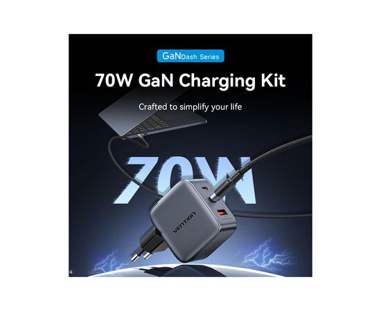 Зарядний пристрій Vention 2xUSB-C PD70W + 1xUSB QC3.0 22.5W GaN + cable USB-C to USB-C 1.0m black gray (TZ-FEXH0-EU), зображення 4