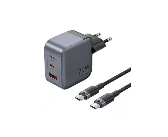 Зарядний пристрій Vention 2xUSB-C PD70W + 1xUSB QC3.0 22.5W GaN + cable USB-C to USB-C 1.0m black gray (TZ-FEXH0-EU)