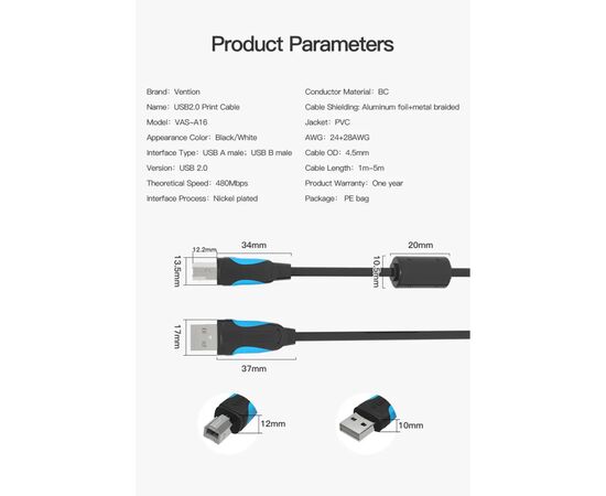 Кабель для принтера USB 2.0 AM/BM 1.0m black Vention (VAS-A16-B100), изображение 8