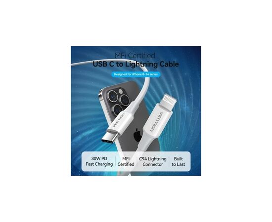 Дата кабель USB-C to Lightning 1.0m 3A white Vention (LAKWF), изображение 2