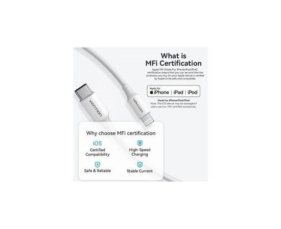 Дата кабель USB-C to Lightning 1.0m 3A white Vention (LAKWF), изображение 3