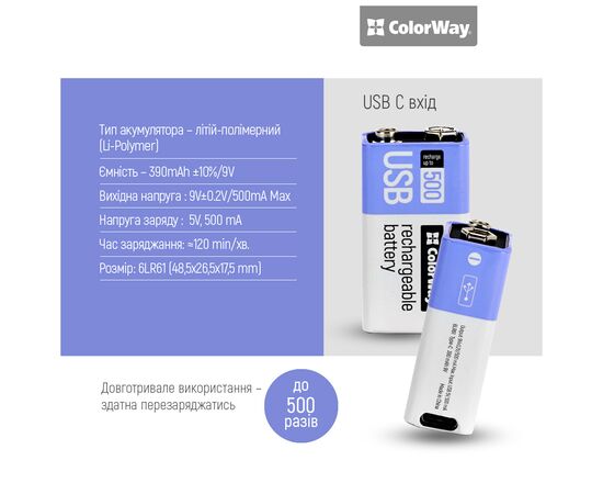 Аккумулятор Крона USB-С 390 mAh 9V (Li-Polymer) ColorWay (CW-UB9V-06), изображение 6