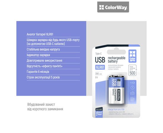 Аккумулятор Крона USB-С 390 mAh 9V (Li-Polymer) ColorWay (CW-UB9V-06), изображение 8
