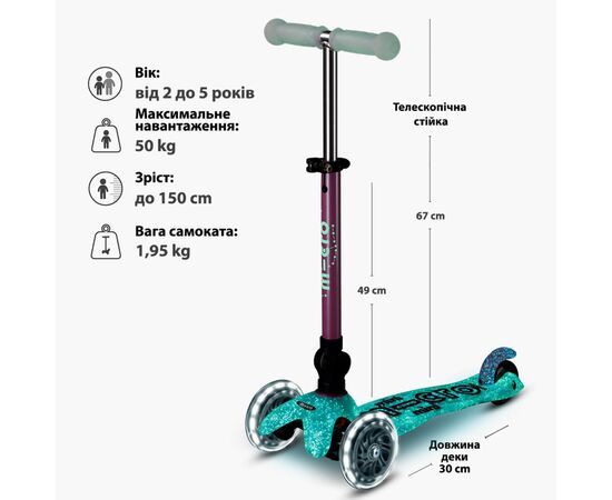Самокат Micro Mini Deluxe складний серії Foldable Orion Glow LED" Рожевий" (MMD373), изображение 9