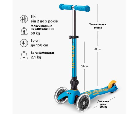 Самокат Micro Mini Deluxe Foldable LED" складний Блакитний океан" (MMD200), изображение 8