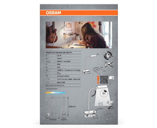 Настольная лампа Osram PANAN CLIP SQUARE DIM USB WT (4099854507496), изображение 6