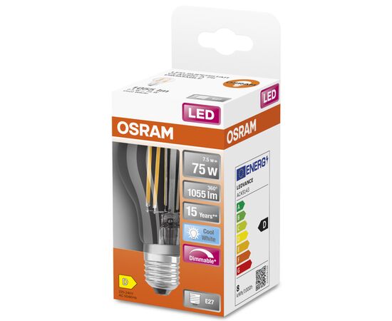 Лампочка Osram LED CLA75 DIM 7,5W/840 230V FIL E27 (4058075434967), изображение 5