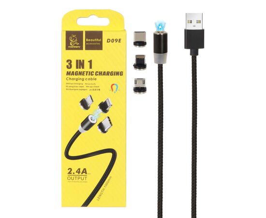 Дата кабель USB 2.0 AM to Lightning + Micro 5P + Type-C magnetic black Denmen (DN-D09E-BK), изображение 2