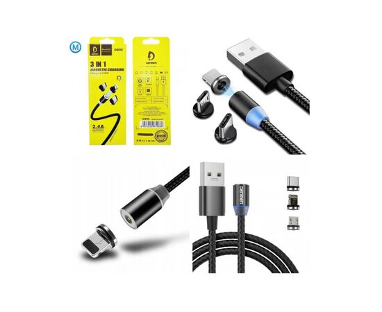 Дата кабель USB 2.0 AM to Lightning + Micro 5P + Type-C magnetic black Denmen (DN-D09E-BK), изображение 4