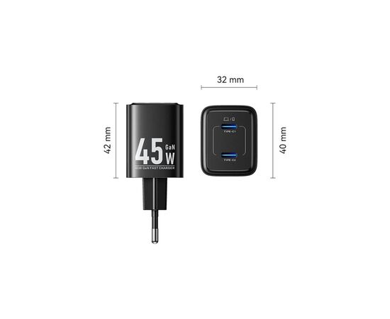 Зарядний пристрій Vention 2xUSB-C PD45W GaN black (FEFB0-EU), зображення 2