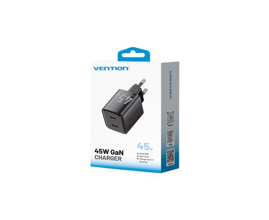 Зарядний пристрій Vention 2xUSB-C PD45W GaN black (FEFB0-EU), зображення 3