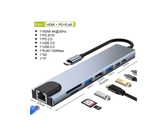Концентратор Dynamode USB-C 8-in-1 HDMI 4K30Hz + 1xRJ45 + 1xUSB 3.0 + 1xUSB 2.0 + 1xUSB-C PD (BYL-2017L), изображение 10