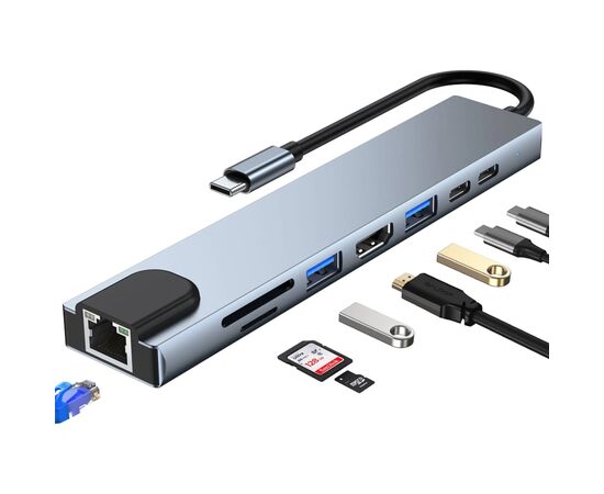 Концентратор Dynamode USB-C 8-in-1 HDMI 4K30Hz + 1xRJ45 + 1xUSB 3.0 + 1xUSB 2.0 + 1xUSB-C PD (BYL-2017L), изображение 7