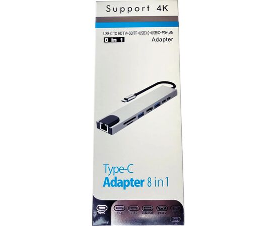 Концентратор Dynamode USB-C 8-in-1 HDMI 4K30Hz + 1xRJ45 + 1xUSB 3.0 + 1xUSB 2.0 + 1xUSB-C PD (BYL-2017L), изображение 8