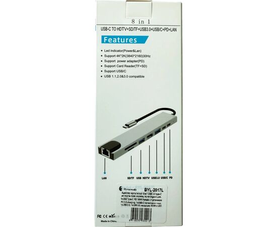 Концентратор Dynamode USB-C 8-in-1 HDMI 4K30Hz + 1xRJ45 + 1xUSB 3.0 + 1xUSB 2.0 + 1xUSB-C PD (BYL-2017L), изображение 9