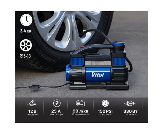 Автомобильный компрессор VITOL K-70 150psi/25Amp /90л (K-70), изображение 7