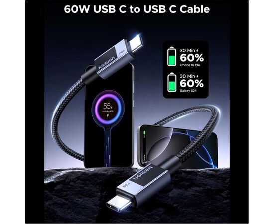 Дата кабель USB-C to USB-C 0.5m PD60W 3A braided L524 gray Ugreen (55764), зображення 4