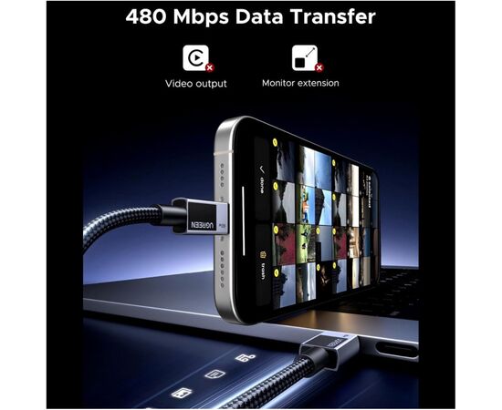 Дата кабель USB-C to USB-C 1.0m PD60W 3A braided L524 gray Ugreen (55765), зображення 3