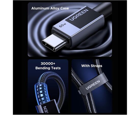 Дата кабель USB-C to USB-C 1.0m PD60W 3A braided L524 gray Ugreen (55765), зображення 5