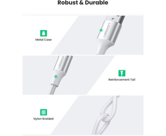 Дата кабель USB 2.0 AM to USB-C 0.25m 3A braided US288 white Ugreen (60129), зображення 3