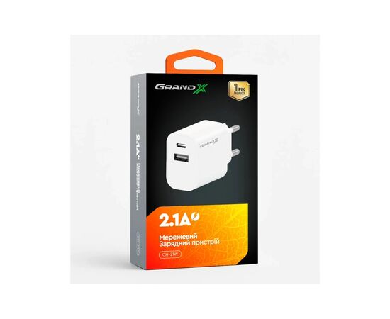 Зарядное устройство Grand-X 1xUSB-C + 1xUSB 21W OCP white (CH-21W), изображение 5