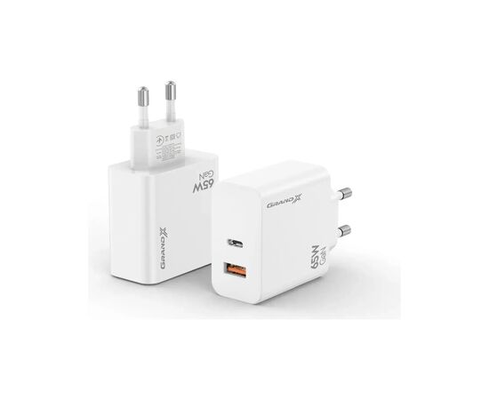 Зарядний пристрій Grand-X GaN 1xUSB-C + 1xUSB 65W PD3.0 QC4.0 AFC SCP FCP white (CH-960W), зображення 4