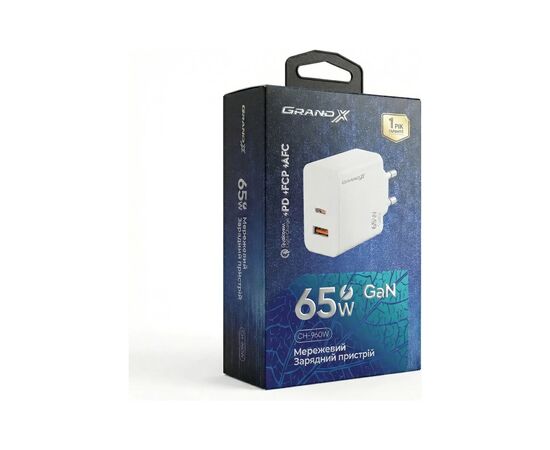 Зарядний пристрій Grand-X GaN 1xUSB-C + 1xUSB 65W PD3.0 QC4.0 AFC SCP FCP white (CH-960W), зображення 5