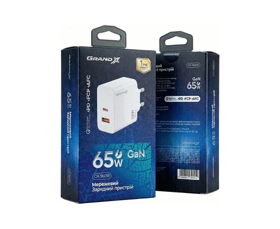 Зарядний пристрій Grand-X GaN 1xUSB-C + 1xUSB 65W PD3.0 QC4.0 AFC SCP FCP white (CH-960W), зображення 6