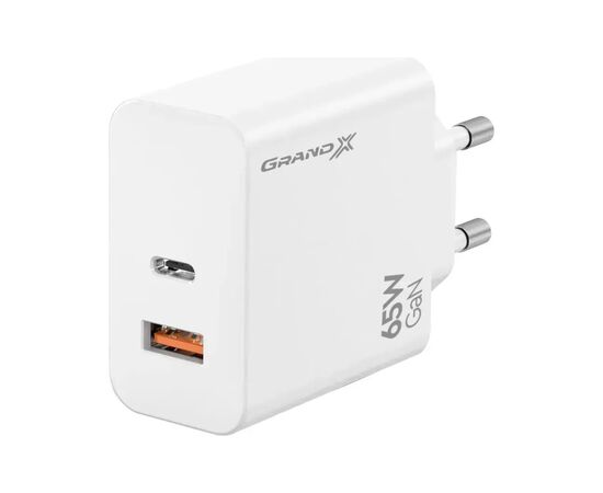 Зарядний пристрій Grand-X GaN 1xUSB-C + 1xUSB 65W PD3.0 QC4.0 AFC SCP FCP white (CH-960W)