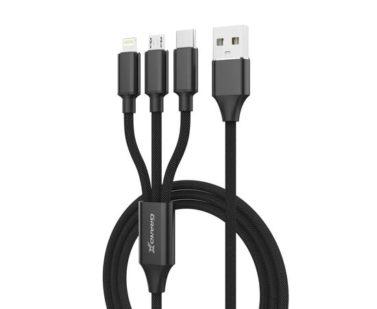 Дата кабель USB 2.0 AM to Lightning + Micro 5P + USB-C 1.0m 2.4-3A black Grand-X (PX-31B), зображення 2