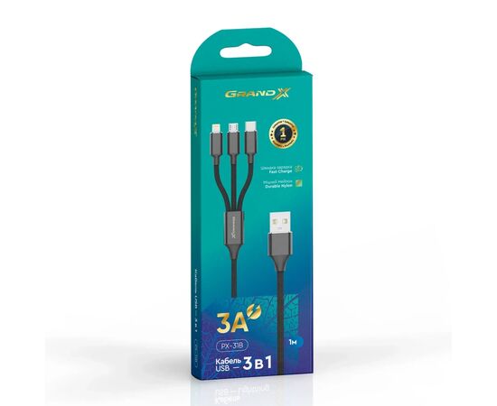 Дата кабель USB 2.0 AM to Lightning + Micro 5P + USB-C 1.0m 2.4-3A black Grand-X (PX-31B), зображення 4
