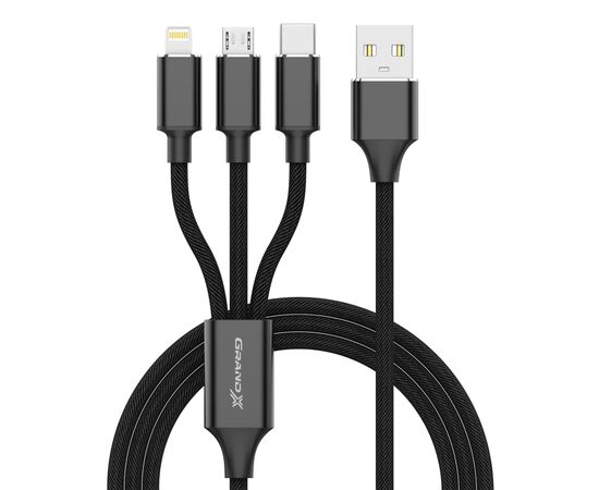 Дата кабель USB 2.0 AM to Lightning + Micro 5P + USB-C 1.0m 2.4-3A black Grand-X (PX-31B)
