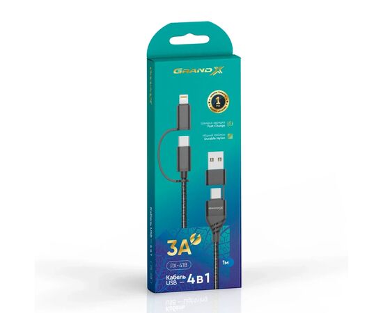 Дата кабель USB-C + USB-A to Lightning + Micro 5P + USB-C 1.0m 2.4-3A black Grand-X (PX-41B), зображення 4
