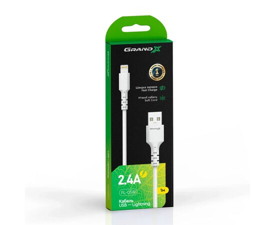 Дата кабель USB 2.0 AM to Lightning 1.0m 2.4A white Grand-X (PL-05W), изображение 4