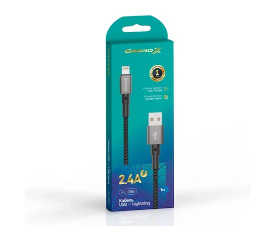Дата кабель USB 2.0 AM to Lightning 1.0m 2.4A black Grand-X (PL-08B), зображення 4