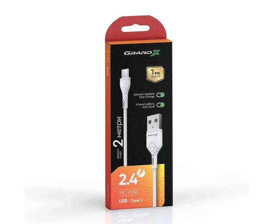 Дата кабель USB 2.0 AM to USB-C 2.0m 2.4A white Grand-X (PC-02W), изображение 3