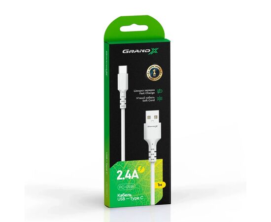Дата кабель USB 2.0 AM to USB-C 1.0m 3A white Grand-X (PC-05W), изображение 4