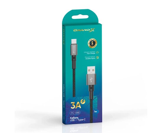 Дата кабель USB 2.0 AM to USB-C 1.0m 3A nylon black Grand-X (PC-08B), изображение 4