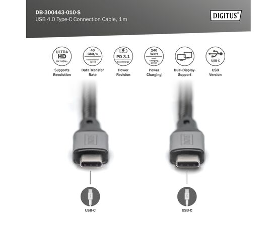 Дата кабель USB-C to USB-C 1.0m USB 4.0 black Digitus (DB-300443-010-S), изображение 5