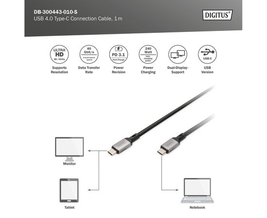 Дата кабель USB-C to USB-C 1.0m USB 4.0 black Digitus (DB-300443-010-S), изображение 6